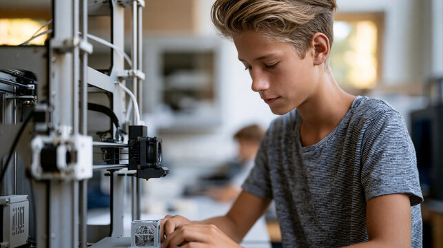 Student working with a 3D printer in a lab setting, STEM education and hands-on technology concept, with copy space