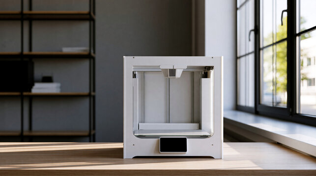 3D printer on a desk in a modern studio, accessible home or office printing technology concept, with copy space