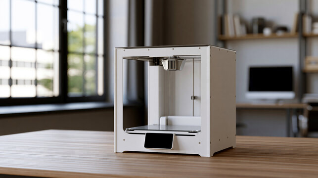 3D printer on a desk in a modern studio, accessible home or office printing technology concept, with copy space
