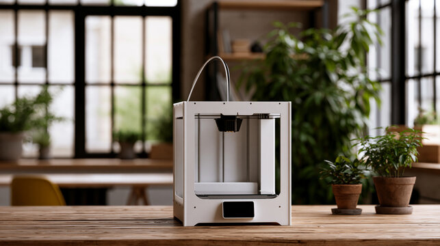 3D printer on a desk in a modern studio, accessible home or office printing technology concept, with copy space