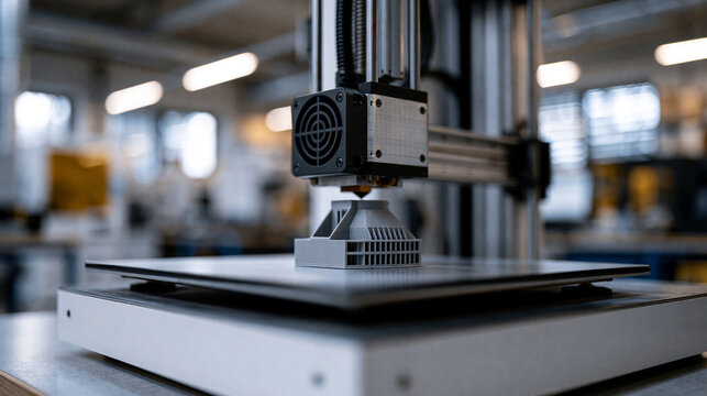 Photorealistic wide shot of a high-tech 3D printer in a professional workshop creating a complex grey plastic component with motion blur, with copy space