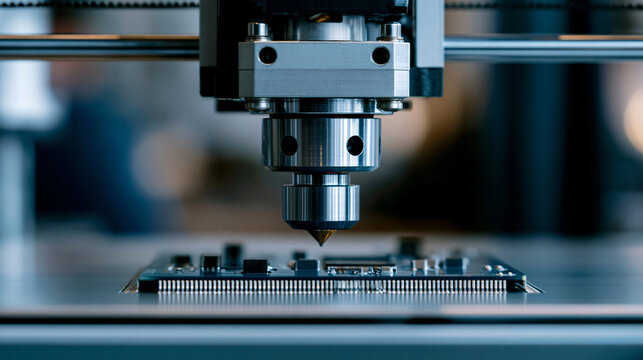 Close-up photo of a futuristic 3D printer with micro and nano electronics, advanced manufacturing concept, with copy space