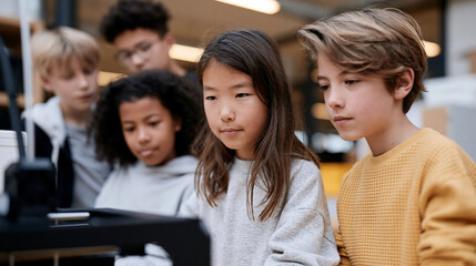 Obraz premium Diverse group of young students observing a 3D printer in action during a technology class, STEM education concept, with copy space