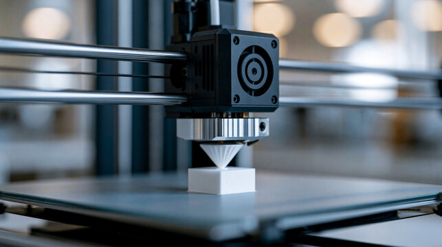 3D printer machine printing a sample model prototype using Computer Aided Manufacturing, rapid prototyping concept, with copy space