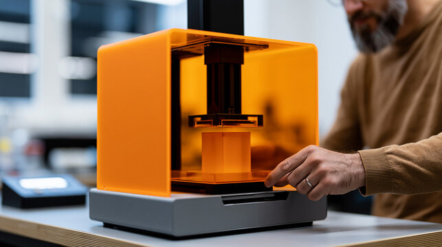 Finished 3D printed product being removed from the build plate in a clean workshop, post-processing manufacturing concept, with copy space