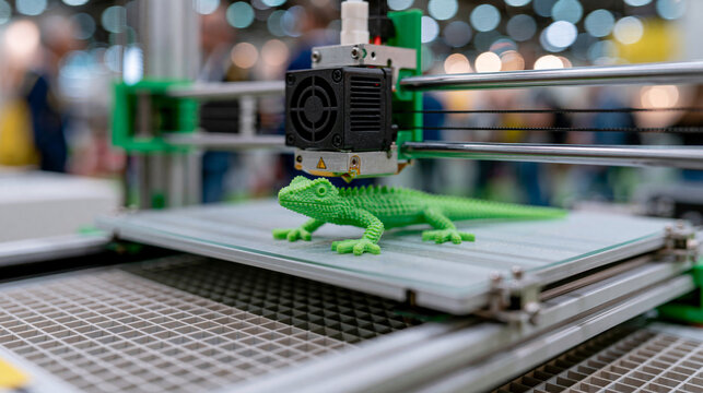 Print head of a 3D printer machine printing a plastic model of a green toy lizard at a technology exhibition, 4.0 industrial revolution concept, with copy space