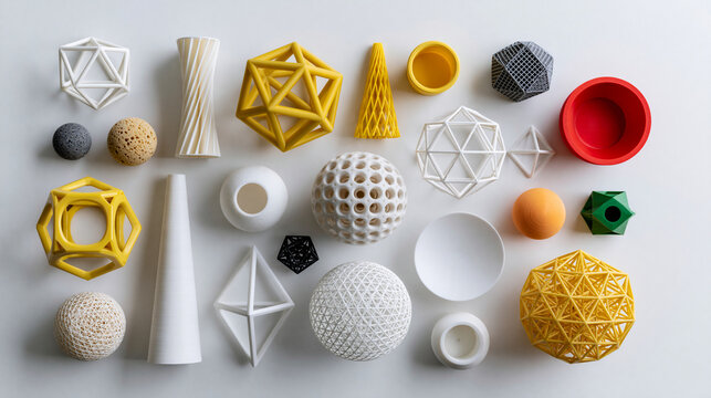 Overhead flat lay of 3D printed geometric objects in various materials and colors on a white surface, additive manufacturing product collection concept, with copy space