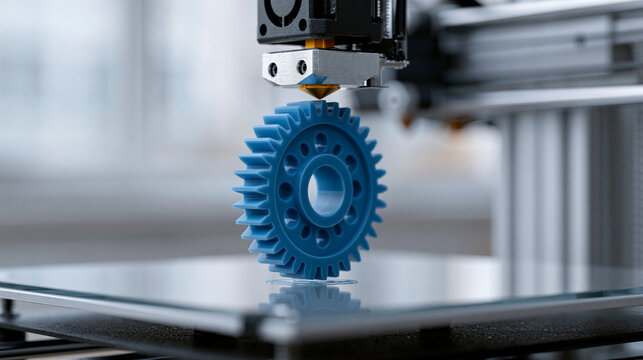 Desktop 3D printer creating a blue plastic gear on a glass bed, industrial prototyping concept, with copy space