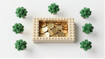 Fototapeta premium Lego box filled with gold coins, surrounded by green tree models on white surface.