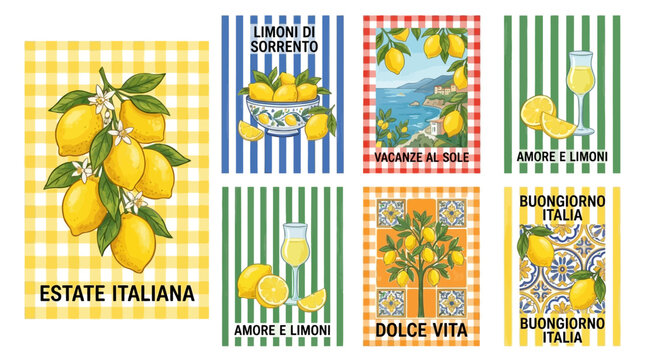 Vibrant Italian Summer Poster Collection Featuring Fresh Yellow Lemons Classic Gingham Patterns and Minimalist Striped Seamless Backgrounds for Mediterranean Style Graphic Design and Decor