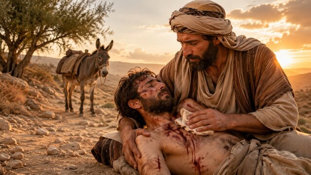 Good samaritan tending to injured man in desert landscape with donkey at sunset, showing compassion and care