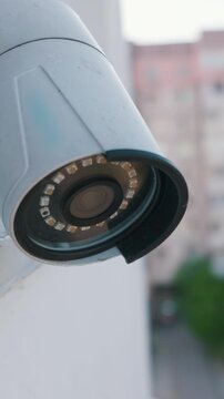A close-up vertical view of a white bullet security camera with infrared sensors mounted on a building exterior. Concept of public safety, constant surveillance, and digital monitoring.