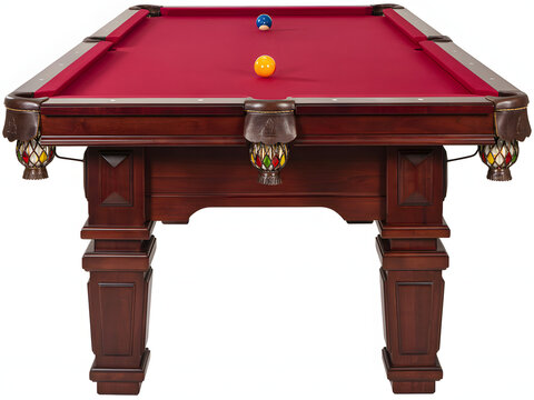 Pool table with balls on red felt for game and recreation, isolated on white background