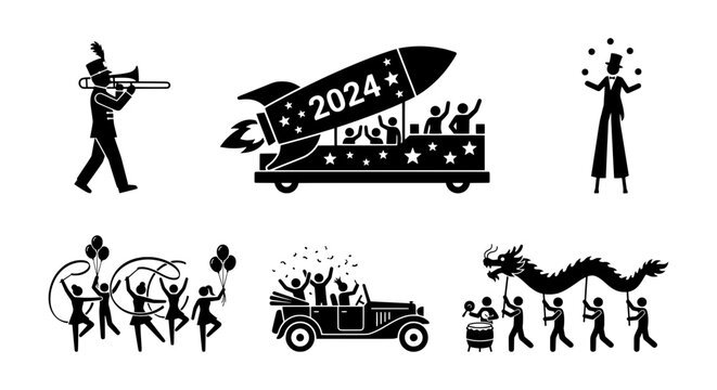 Parade Icons: Marching Band, Rocket Float, Stilt Walker, Dancers, Vintage Car, Dragon