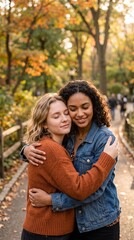 Fototapeta premium Two young women embracing affectionately in a park during autumn with colorful foliage