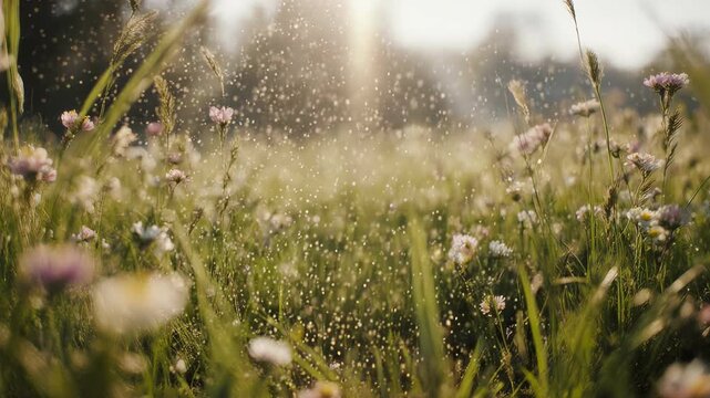 Golden hour glow bathes a spring meadow, showcasing countless pollen particles dancing above vibrant green grass and blooming wildflowers, a tranquil and ethereal natural awakening