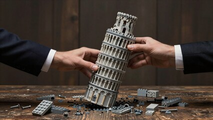 Fototapeta premium Two hands hold a LEGO Leaning Tower, surrounded by scattered pieces.
