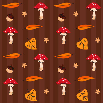 Autumn seamless pattern with fly agaric mushrooms, acorns, leaves and wildflower on striped brown background. Woodland vector design for fabric, wrapping paper and school supplies