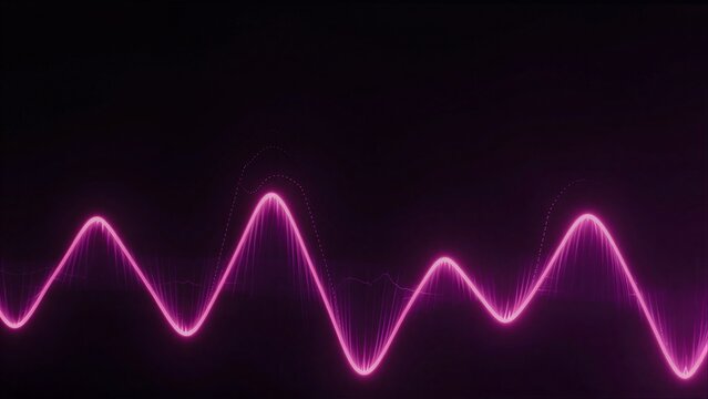 Vibrant pink audio waves pulse against a deep black background, creating dynamic sound visualizations.