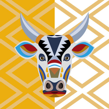 Stylized, colorful bull's head. Geometric patterns and vibrant colors adorning its face and horns.