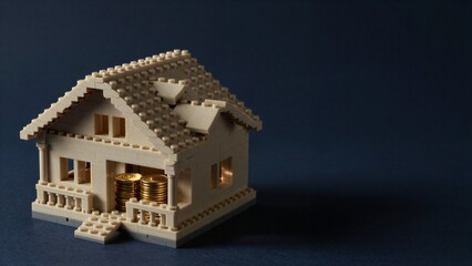 Fototapeta premium Lego house with gold coins symbolizing home ownership and financial success.