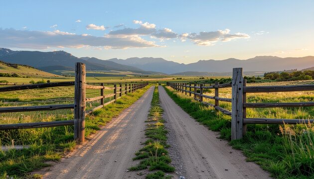 Scenic dirt road leading to majestic mountains at sunset