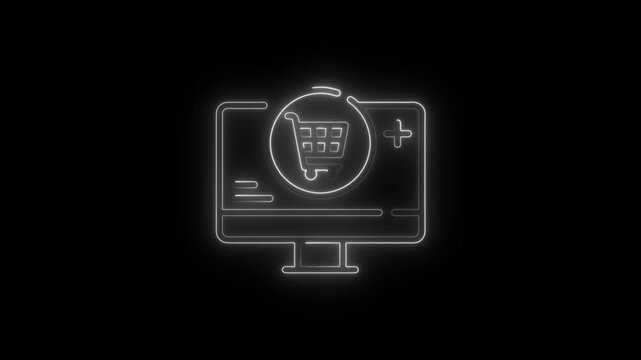 Neon glowing online shopping cart on computer screen for e-commerce and digital marketing neon sign glowing computer screen
