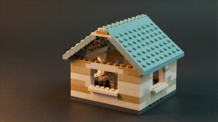 Fototapeta premium Lego house with coins inside, symbolizing savings or home ownership.