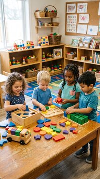 Diverse preschoolers engaged in educational play with colorful wooden blocks and shape sorters in a bright classroom setting