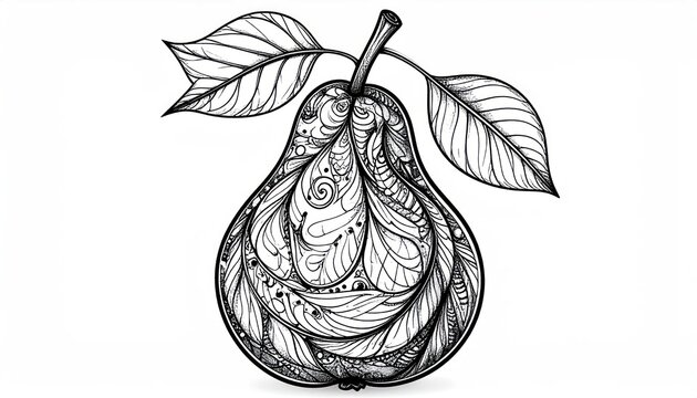 Intricate zentangle pear illustration with decorative mandala patterns.