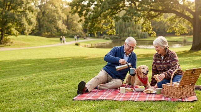 Happy senior couple enjoying a picnic in the park with their golden retriever dog on a sunny day.
