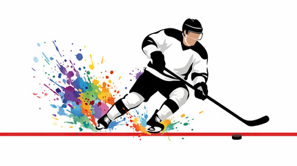 Fototapeta premium Dynamic Hockey Player Illustration with Colorful Paint Splatter Effect and Red Line, Action Sport Graphic