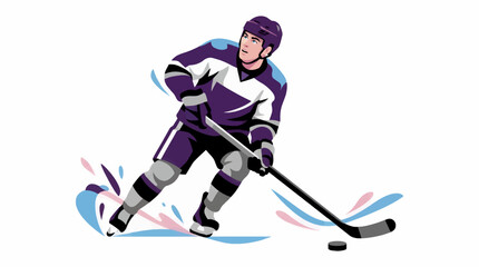 Obraz premium Dynamic Hockey Player in Purple and White Uniform Skating with Stick and Puck, Abstract Swirls of Blue and Pink Representing Speed and Movement, Flat Vector Illustration on White Background