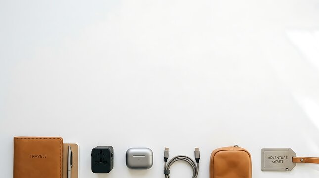 This clean flat lay features essential brown leather travel accessories and modern tech gadgets neatly arranged on a white background, perfect for efficient trip planning.