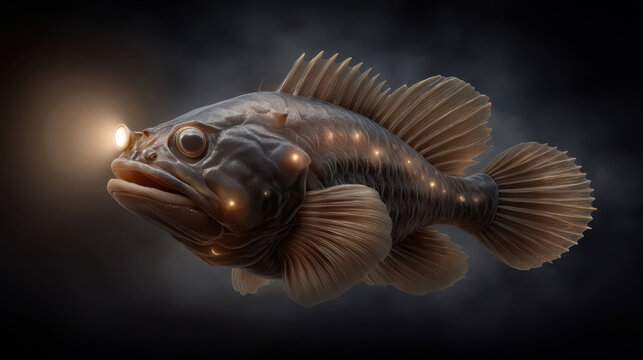 Deep sea scene with abyss lantern fish showing its light in dark waters