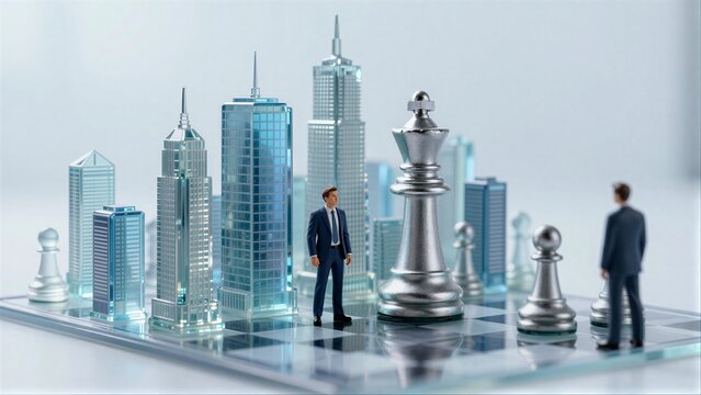 Business strategy meets urban skyline on chessboard, symbolizing corporate competition and decision-making.