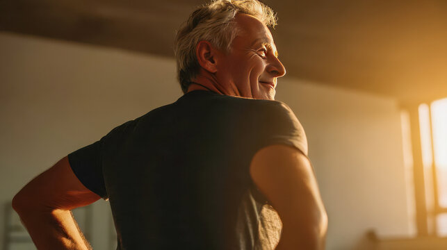 Man walks across a room in the evening light while looking back with a smile on his face