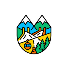 Obraz premium Vibrant mountain ski resort emblem with snow capped peaks cable car and pine trees in a modern flat line art style