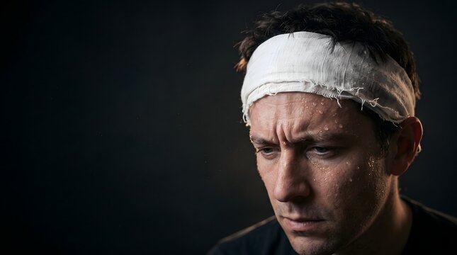 Injured male wearing head bandage sweating profusely representing physical trauma, medical recovery and severe human physical pain.