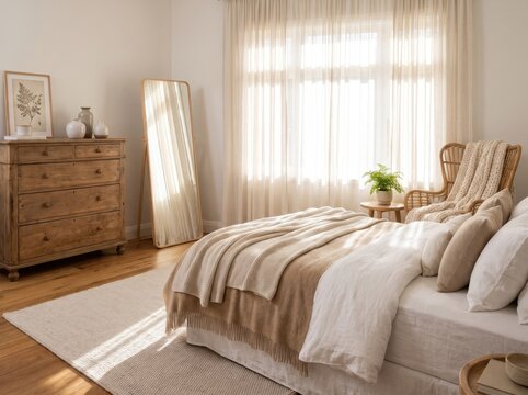 Cozy rustic bedroom interior with wooden furniture warm textiles and large window with sunlight streaming