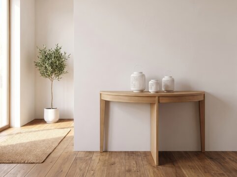 Minimalist wooden console table with vases against beige wall home decor living room olive tree minimalist