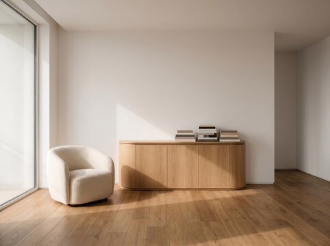 Minimalist modern living room interior with cozy white armchair and wooden storage cabinet, minimalist