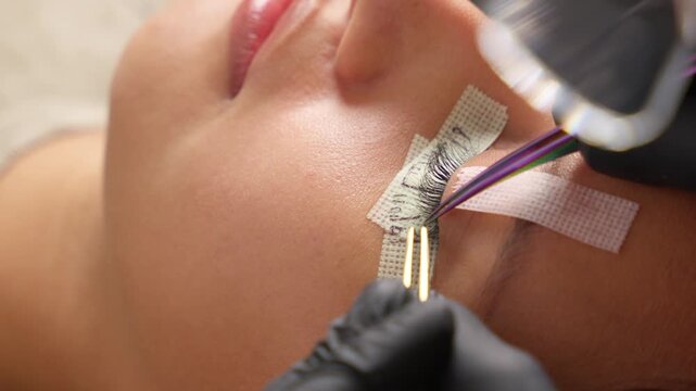 Beautician applying eyelash extensions in a beauty salon