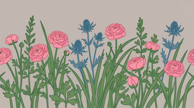Flat Vector Illustration of Pink Ranunculus Flowers and Blue Thistles in a Lush Green Border, Simple Graphic Design with Clean Lines on a Neutral Background, Seamless Pattern Element