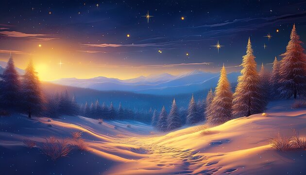 A Serene Winter Night Landscape Featuring Rolling Snow Covered Hills Glowing With Soft Golden Light And Intricate Frosty Trees Under Stars Forest Winter Glow