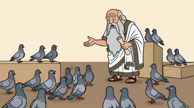 Ancient Greek Philosopher in Toga Addresses Flock of Pigeons, Holding Scroll, Flat Illustration Style, Beige Background, Brown Ground, Copy Space