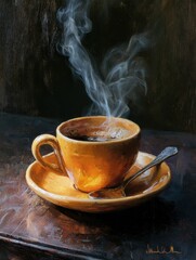 Fototapeta premium A single cup of espresso sits on a dark table with steam rising, capturing the essence of a morning ritual filled with warmth and comfort.