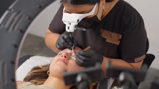 Professional beautician applying eyelash extensions in a beauty salon