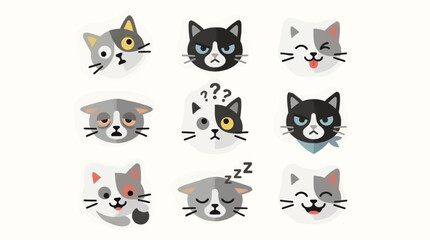 Obraz premium Flat Design Cat Faces Icon Set with Various Emotions: Confusion, Grumpy, Happy, Sleepy, Winking, and More. Clean Vector Illustration with Copy Space.