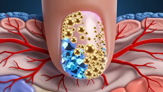 Nail Nutrition Concept: Macro View of Fingertip Cross-Section Showcasing Integrated Cellular Structures and Blood Vessels for Enhanced Health and Wellness